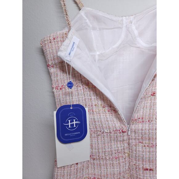 Hello Fashion Tweed mini dress bouclé fabric pink beige structured bustier style - Picture 11 of 14